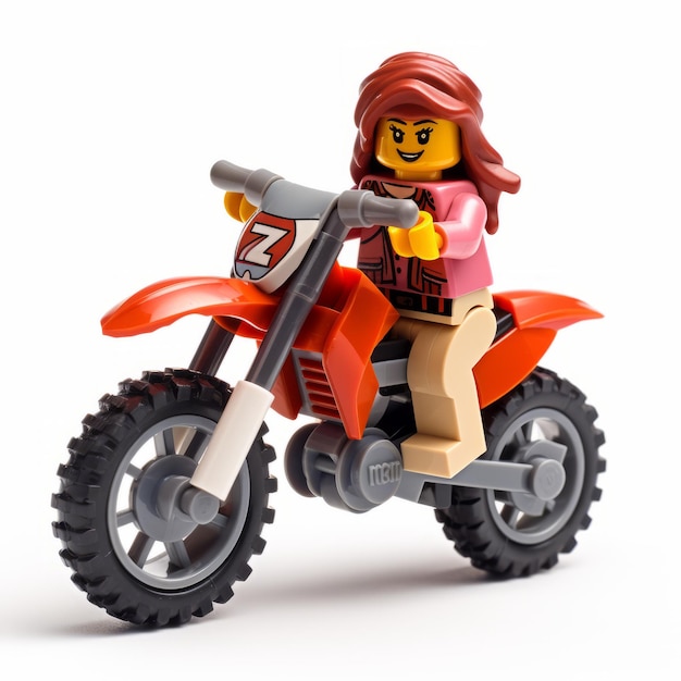 Colorismo vibrante Lego Lady em uma bicicleta de terra laranja