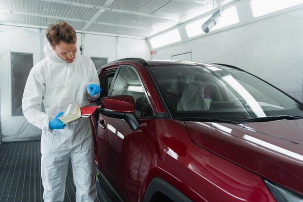 El colorista automático selecciona el color de la pintura del automóvil con muestras