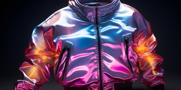 Foto colorosa chaqueta de cromo holográfico con capucha metálica irisante