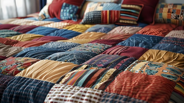 Colorosa colcha hecha a mano en una cama acogedora diseño de patchwork texturizado cálido cómodo concepto de ropa de cama artesanía y estilo casero IA