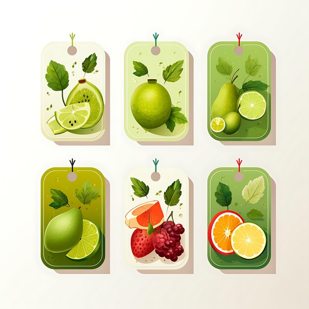 Foto colorosa de frutas frescas y crujientes tarjeta de etiqueta de plástico transparente estilo de boceto de etiqueta en acuarela