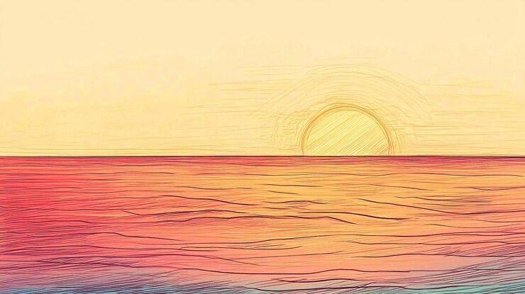 Colorosa puesta de sol sobre el mar tranquilo con ondas suaves y tonos cálidos que se reflejan en el cielo