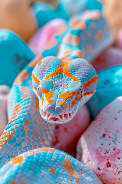 Colorosa serpiente de maíz Pantherophis guttatus enrollada en vibrantes huevos de Pascua Fondo Mascota exótica