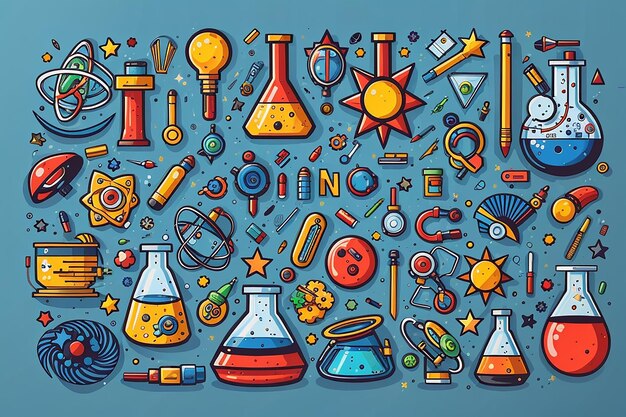 Foto coloroso conjunto de objetos de dibujos animados de ciencia dibujados a mano con símbolos y elementos vectoriales