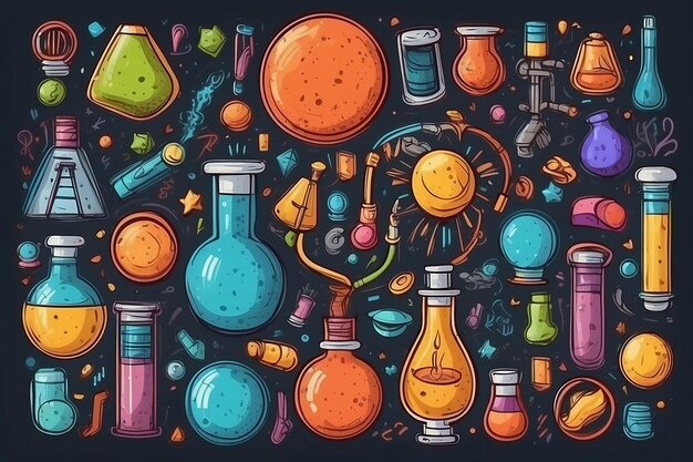 Coloroso conjunto de objetos de dibujos animados de ciencia dibujados a mano con símbolos y elementos vectoriales