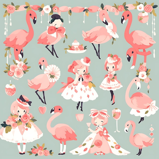 Foto coloroso flamingo femenino chibi kawaii concepto de moda del caribe colección de personajes lindos de tropi