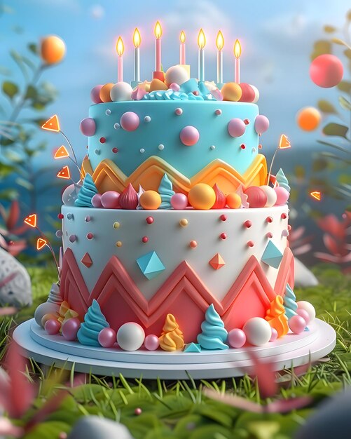 Coloroso pastel de cumpleaños con velas Generative Ai