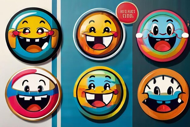 Foto coloroso set de forma de etiqueta de cara sonriente y feliz colección de caricaturas de pegatinas retro de moda