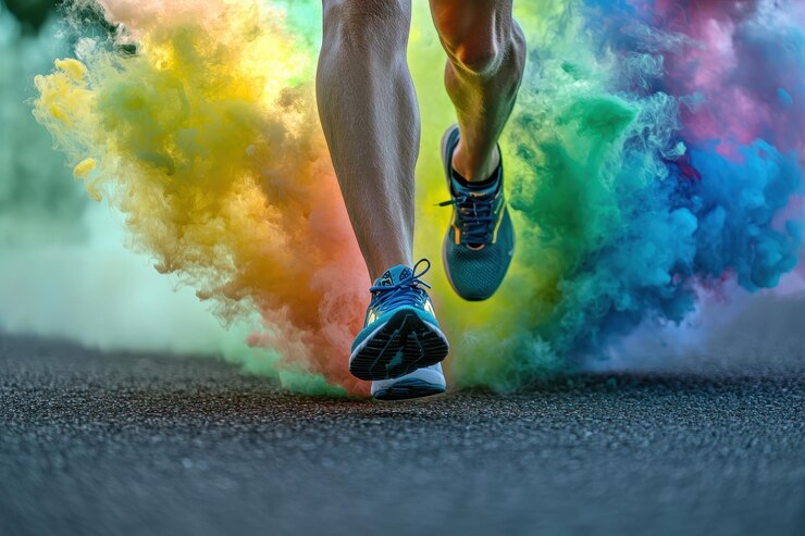 Coloroso Smoke Trail Runner Abstracto Movimiento de Celebración Desdibujado de Explosiones Vibrantes en el Asfalto