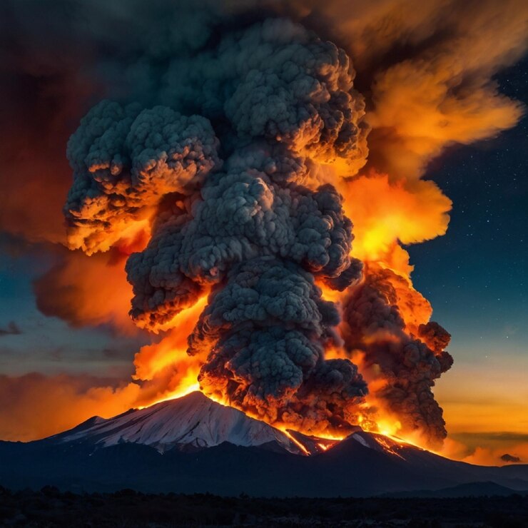 Colossal erupción de fuego y humo iluminan