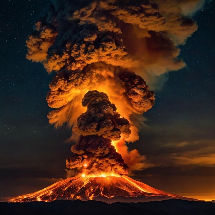 Colossal erupción de fuego y humo iluminan