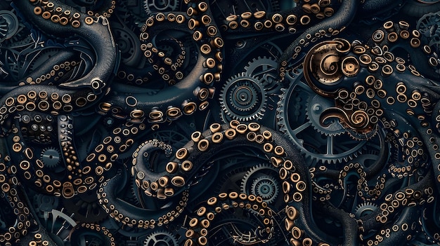 Foto colossal kraken entrelaçado num labirinto de máquinas steampunk e tentáculos de bronze