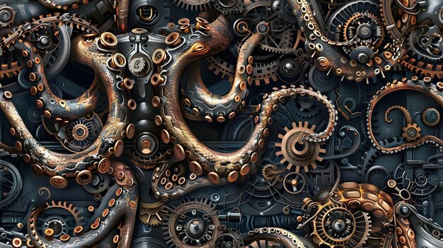 Foto colossal kraken mítico encerrado em um labirinto de máquinas steampunk e tentáculos de latão