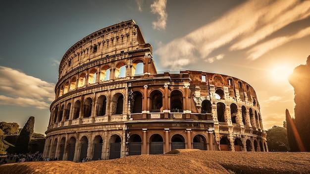 Los colosseos romanos exteriores arcos monumentales puesta de sol resplandeciente