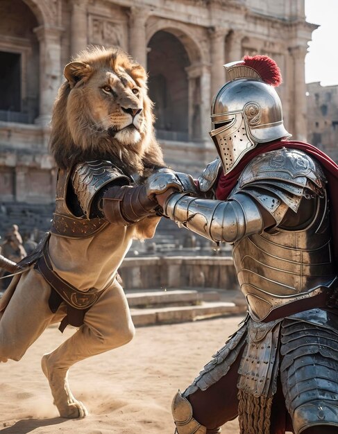 Colosseum cavaleiro branco equipado com uma espada em ação balançando pose lutando contra o leão