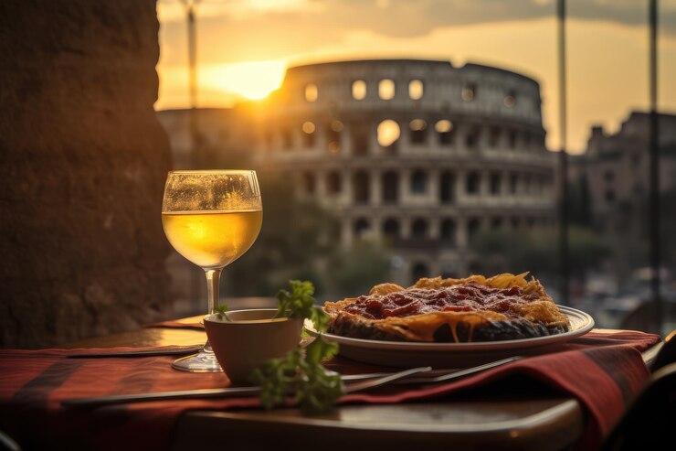 Foto colosseum pasta gemütliches café in rom, das spaghetti mit blick auf das ikonische wahrzeichen beim sonnenuntergang serviert