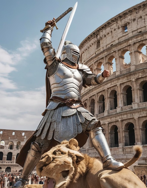 Colosseum weißer Ritter mit einem Schwert in Aktion schwingende Pose kämpft gegen Löwen