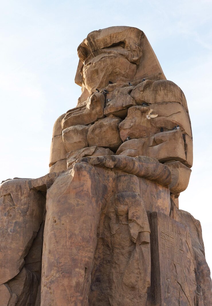 Foto colossos de memnon luxor tebas contra o pano de fundo do amanhecer no egito