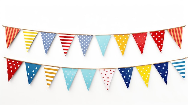 Foto colourful bunting banner with polka dots and stripes um banner vibrante feito de bandeiras coloridas com polka dots e listras é exibido contra um fundo sólido