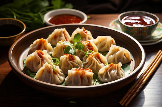 Colourful Schezwan Sauce Momos Momos Dumplings fotografia de imagem