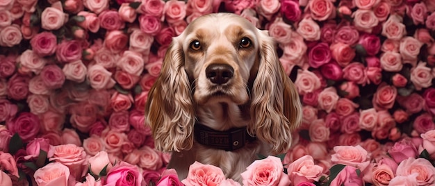 Colse hasta el perro cocker spaniel en rosas rosas