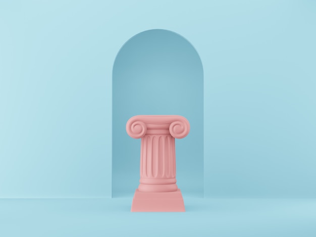 Columna abstracta de podio rosa sobre fondo azul con representación 3D de arco