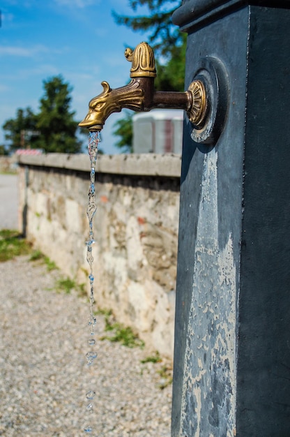 Columna para beber en la calle en forma de dragón con un chorro de agua