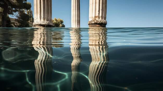 Columna dórica sumergida en el estanque su reflejo brillando en el agua