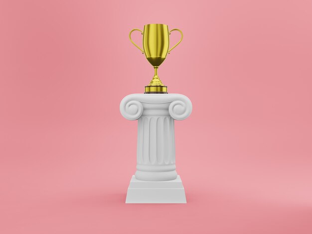 Foto columna de podio abstracto con un trofeo dorado en la representación 3d de fondo rosa