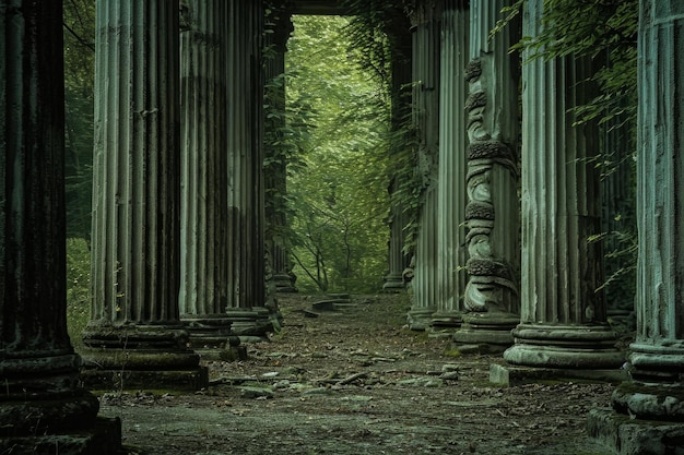 Columnas antiguas en el bosque verde Generar Ai