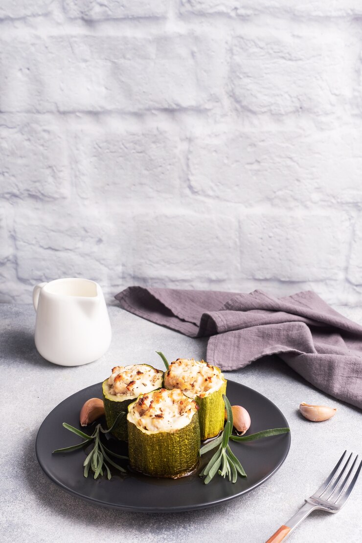 Columnas de calabacín relleno al horno con pollo y verduras picadas