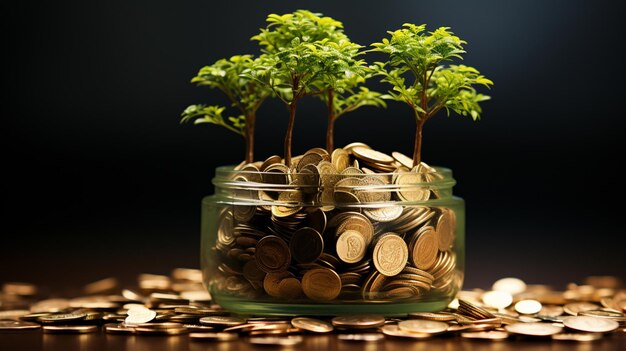 Columnas de monedas y un árbol en crecimiento en maceta.