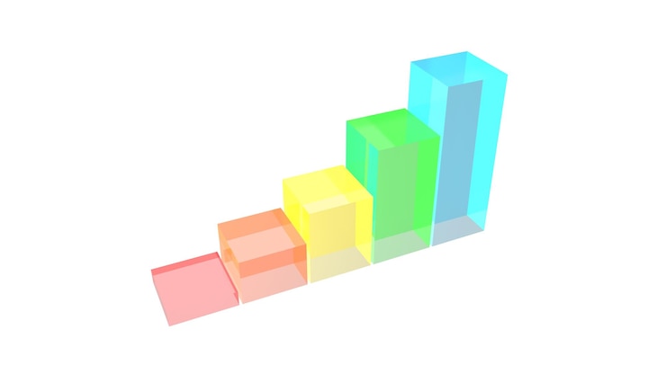Foto columnas transparentes de color gráfico de crecimiento económico proyecto de negocios informe de ventas renderización 3d