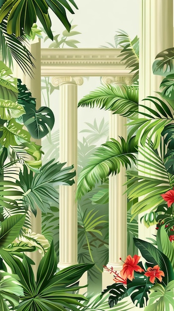 columnas en los trópicos en un fondo texturizado en un papel tapiz de foto de estilo acuarela en el interior ilustración generada por IA