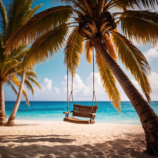 Un columpio de árbol relajante en una playa tropical con el océano en el fondo