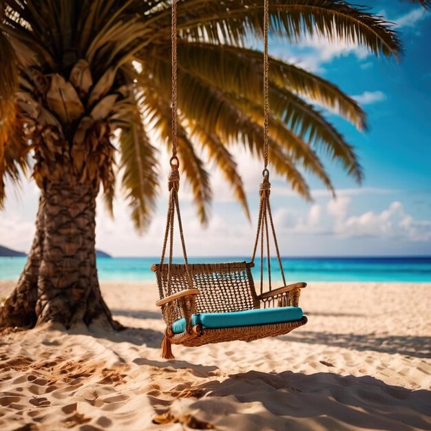 Un columpio de árbol relajante en una playa tropical con el océano en el fondo