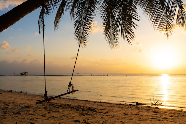 Un columpio cuelga de una palmera en una playa tropical de arena junto al océano. Puesta de sol en la playa