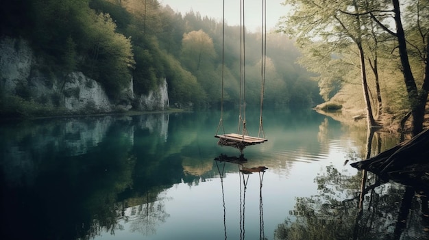 Un columpio cuelga sobre un lago en el bosque.