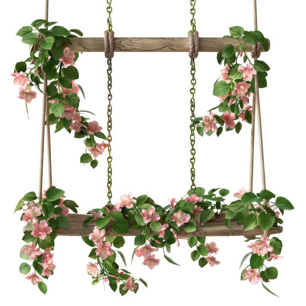 un columpio con flores rosas colgando de él
