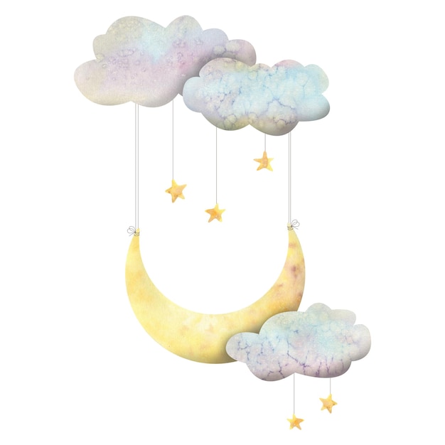 Columpio en forma de luna en las nubes y con estrellas colgantes linda ilustración infantil fabulosa