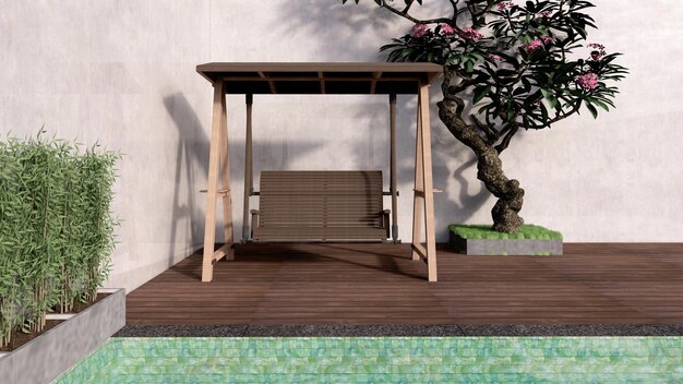 Columpio de madera de diseño exterior 3d para relajarse junto a la piscina con un árbol frangipani con un toque tropical