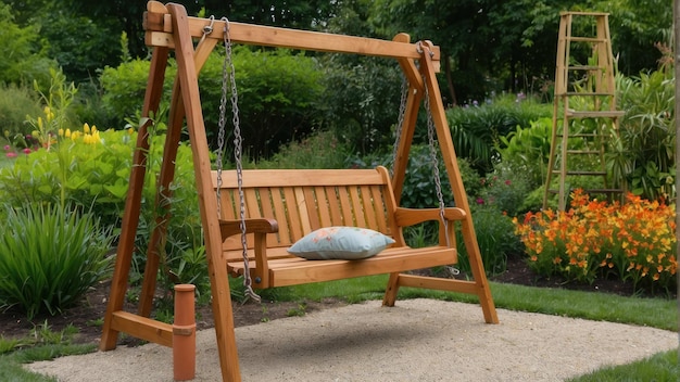 Un columpio de madera en un jardín exuberante