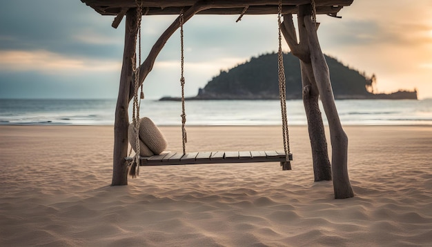 un columpio de madera en una playa con una playa en el fondo