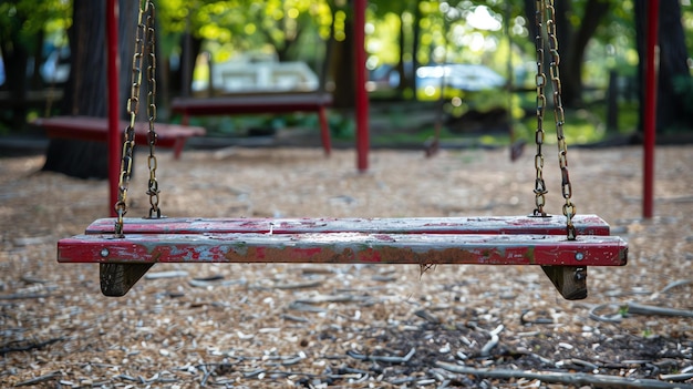 Un columpio de madera roja vacío cuelga de cadenas oxidadas en un parque El fondo es borroso y muestra un banco del parque y árboles