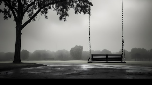 Un columpio vacío en un parque de tonos grises bajo un cielo nublado que destaca la melancolía