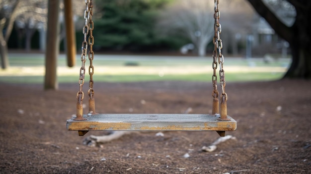 Un columpio vacío en un patio de recreo para simbolizar la ausencia de una infancia feliz para los niños abusados El columpio desocupado puede representar la pérdida de la inocencia