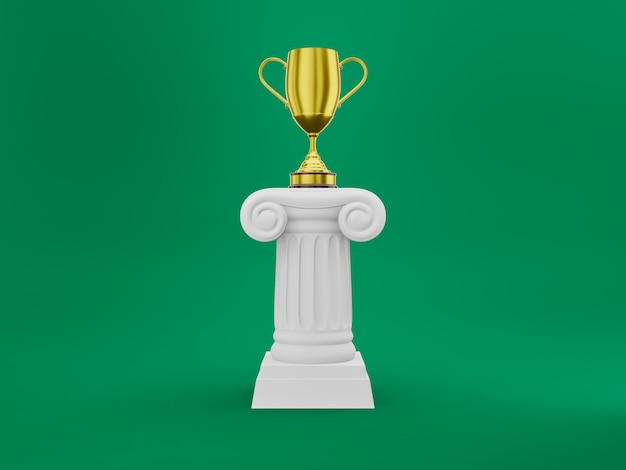 Coluna abstrata do pódio com um troféu de ouro sobre o fundo verde