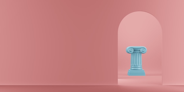 Foto coluna azul do pódio abstrato no fundo cor-de-rosa com arco. o pedestal da vitória é um conceito minimalista. renderização em 3d.