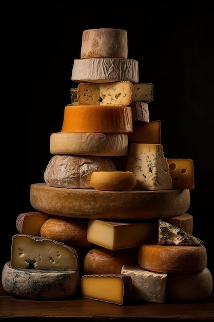Coluna de diferentes queijos sobre um fundo preto