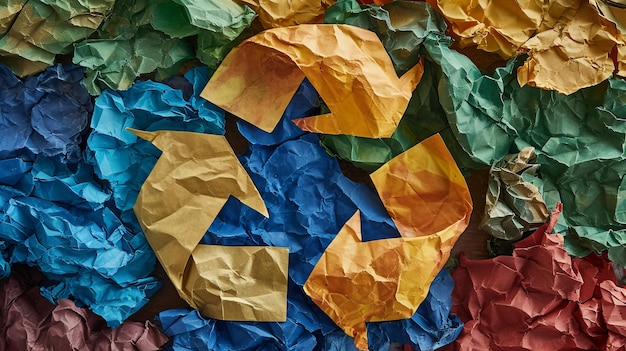 Foto coluna de papel amassado com símbolo de reciclagem conceito de gestão de resíduos ecológico